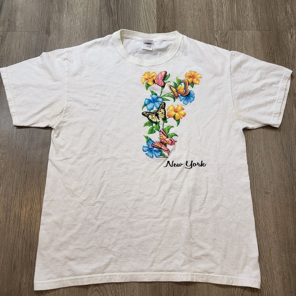 Vintage Fruit Of The Loom 90s New‎ York T-shirt w/Flower & Butterfly Print Sze L